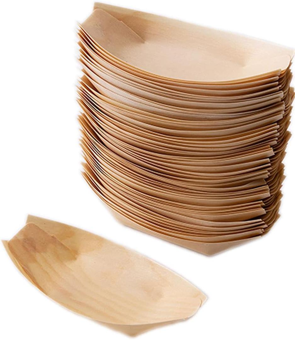 Sanxian Disposable Wood Boat Plates/Dishes (100, 7''Long x 3.3''Widex0.7''High)