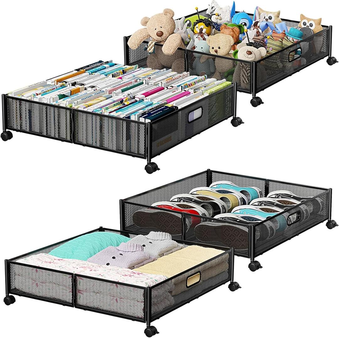Under Bed Storage Containers with Wheels - Shoe Storage Organizer Drawer, Tool-free Assembly Metal Underbed Storage for Bedroom Clothes, Shoes, Blankets - 4Pack (4 Pack(23.623.6"), Black)