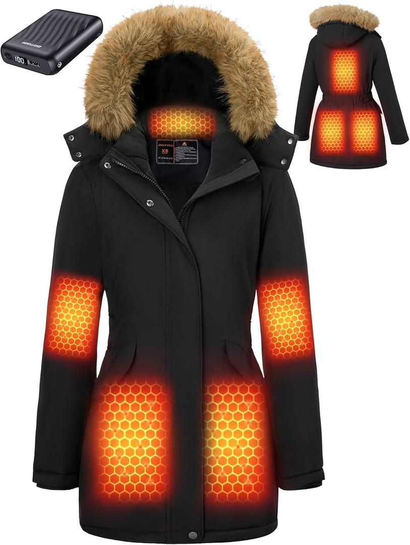 Graphene Long Heated Jacket for Women with 18400mAh 12V Battery Pack, Womens Parka Coat with Faux Fur Detachable Hood (Medium, Black)