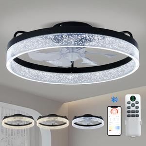 Modern Ceiling Fans with Lights and Remote,20" Low Profile Ceiling Fan with Light,7 Blades Flush Mount Ceiling Fan with Lights,6 Speeds, Reversible,3000k-6500k Dimmable LED (Black)