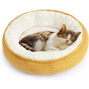 Love's cabin Round Donut Cat and Dog Cushion Bed, 25in Pet Bed for Small or Medium Dogs, Anti-Slip & Water-Resistant Bottom, Soft Durable Fabric Pet Beds, Washable Calming Cat Bed Yellow Stripe