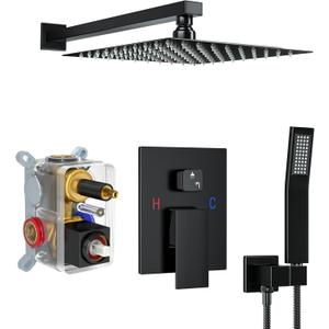 Shower Faucet Set, Shower System with 10 Inch Rain Showerhead and Handheld Shower, Wall Mounted High-Pressure Showerhead Combo Set Included Valve and Trim, Matte Black