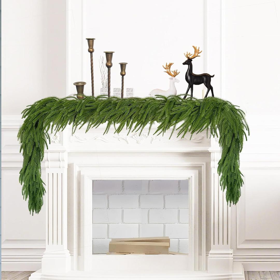 2 Pcs 6 Ft Lifelike Norfolk Pine Garland Real Touch Winter Pine Garland Christmas Decorations Green Artificial Greenery for Table Mantle Wall Indoor Outdoor Christmas Decorations