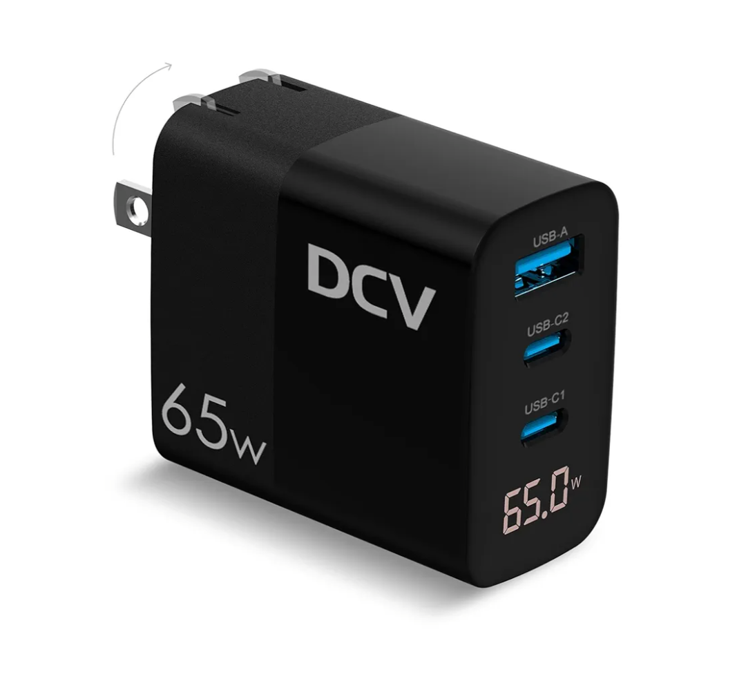 DCV 65W USB C Charger, GaN 3-Port Fast Charging Block with LED Digital Display, PD/PPS/QC 3.0 Foldable Wall Charger for Laptops, MacBook, iPhone 15/14/13, iPad Pro, Galaxy S23/S22, Note 20/10 (Black) cord 40 Inch