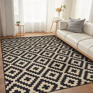 Boho 8x10 Soft Area Rug with Nonslip Backing for Living Room, Bedroom, Dinning Room, Low Piles Carpet Mats Indoor and Outdoor Rug, Black&Beige (8' x 10' (Rectangular))