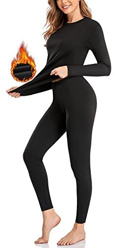 SIMIYA Thermal Underwear Set for Women Long Johns with Fleece Lined Long Sleeves Base Layer Set Top Bottom Black, Medium