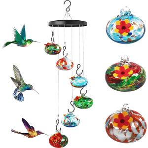 Charming Wind Chimes Hummingbird Feeder for Outdoors Hanging Ant and Bee Proof, Never Leak,Unique Hand Blown Glass Humming Bird Feeder Perfect Garden Decor for Window Garden Patio