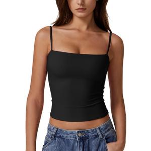 QINSEN Women's Double Lined Basic Tank Top Adjustable Spaghetti Straps Sleeveless Camisole Shirts (Black), S