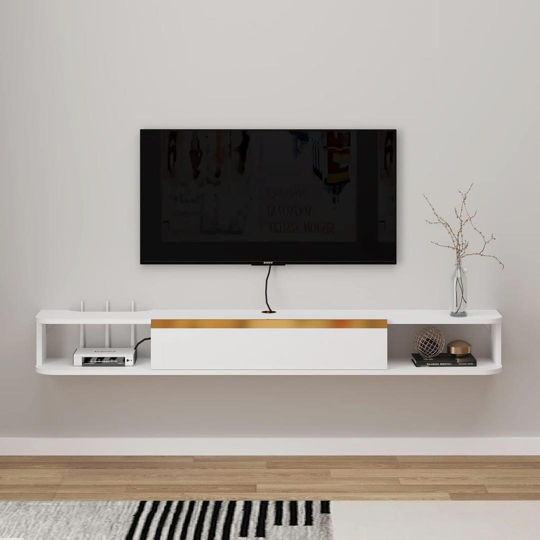 Floating TV Stand, 95'' Wall Mounted Entertainment Center TV Media Console, Floating Shelves with Door, Floating TV Cabinet Large Storage TV Bench for Living Room (White, 94.49IN)