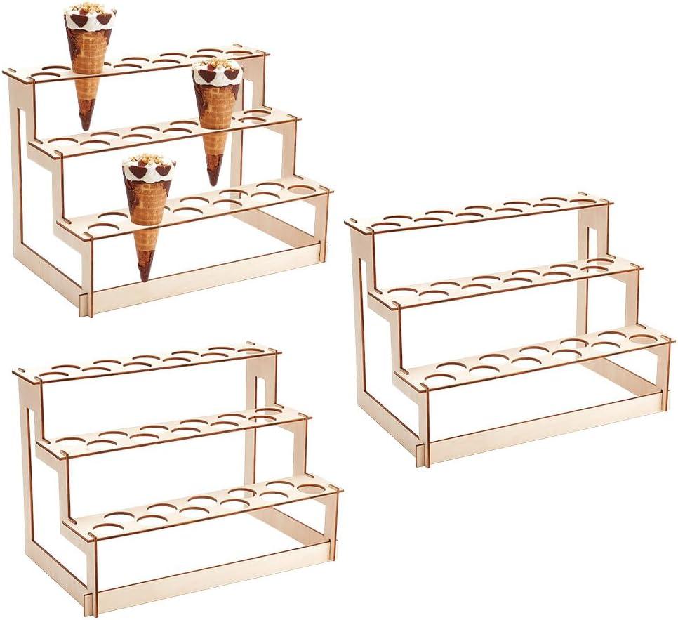 PH PandaHall 3 Pack Ice Cream Cone Holder Stand with 33 Holes, 3 Levels Wooden Cone Display Holder Hand Roll Sushi Stand Rack Cupcakes Stand for Birthday Wedding Christmas Thanksgiving Party Favors