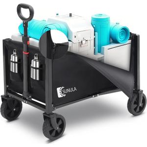 Foldable Wagon Cart 220lbs- 3 in 1 Collapsible Wagon Cart with Wheels, 2 Cup Holders, for Groceries, Camping, Shopping, Garden, Pet Riding