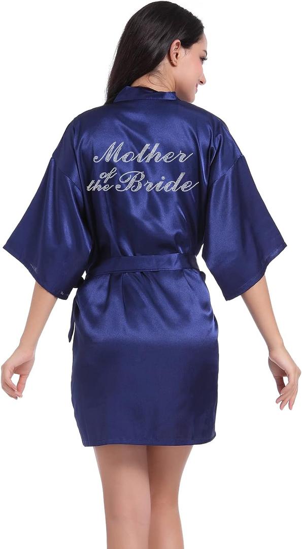 Women's Satin Robes with Rhinestones Bride Bridesmaid Short Sleepwear Wedding Party Dressing Gown, M Navy