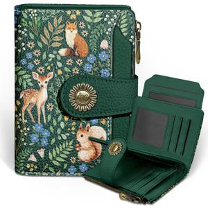 Icycay Squirrels Wallet Women Small RFID Blocking Bifold, Credit Card Holder, Zipper Coin Pocket, Cute, PU Leather, Compact, Travel, ID Window, 14 Card Slots, Cash Purse, Ladies Woman Female Girls (Forest)
