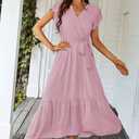 PRETTYGARDEN Women's Summer Floral Boho Maxi Dress Short Sleeve Wrap V Neck Ruffle Long Flowy Beach Wedding Guest Dresses (Pink, S)
