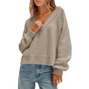 Saodimallsu Womens V Neck Pullover Sweaters Casual Knit Long Sleeve Loose 2025 Fall Cropped Tops (M)