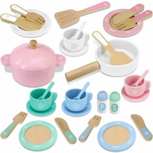 Wooden Toy Plates and Dishes for Kitchen Set, 30PCS Montessori Play Kitchen Accessories for Toddlers with Toy Pots and Pans, Wooden Play Cooking Set for 3-8 Years Girls & Boys