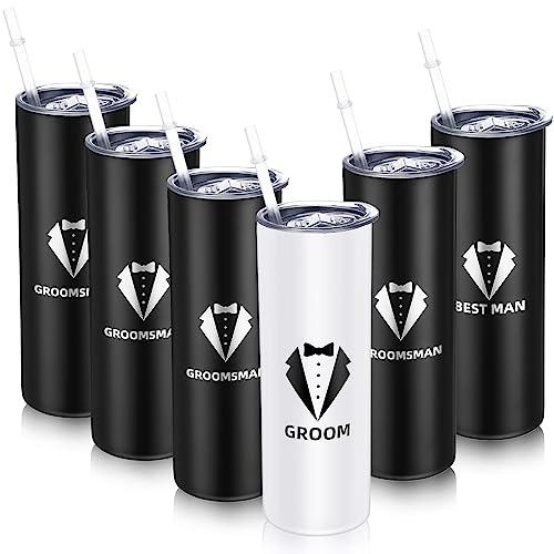 Tanlade Set of 6 Groomsmen Gifts for Wedding Proposal Cups 20 oz Groomsman Tumbler Best Man and 20oz Travel Coffee Mug with Lid Team Cups Gift for Bachelor Party (Black/White)