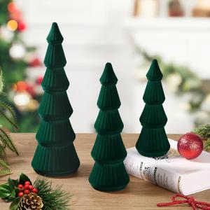 Wooden Christmas Tree Figurine, 3 Pcs Tabletop Xmas Tree, Christmas Centerpiece Decor for Home Entryway Mantel Shelf Table Fireplace Holiday (Green-Wood & Velvet)