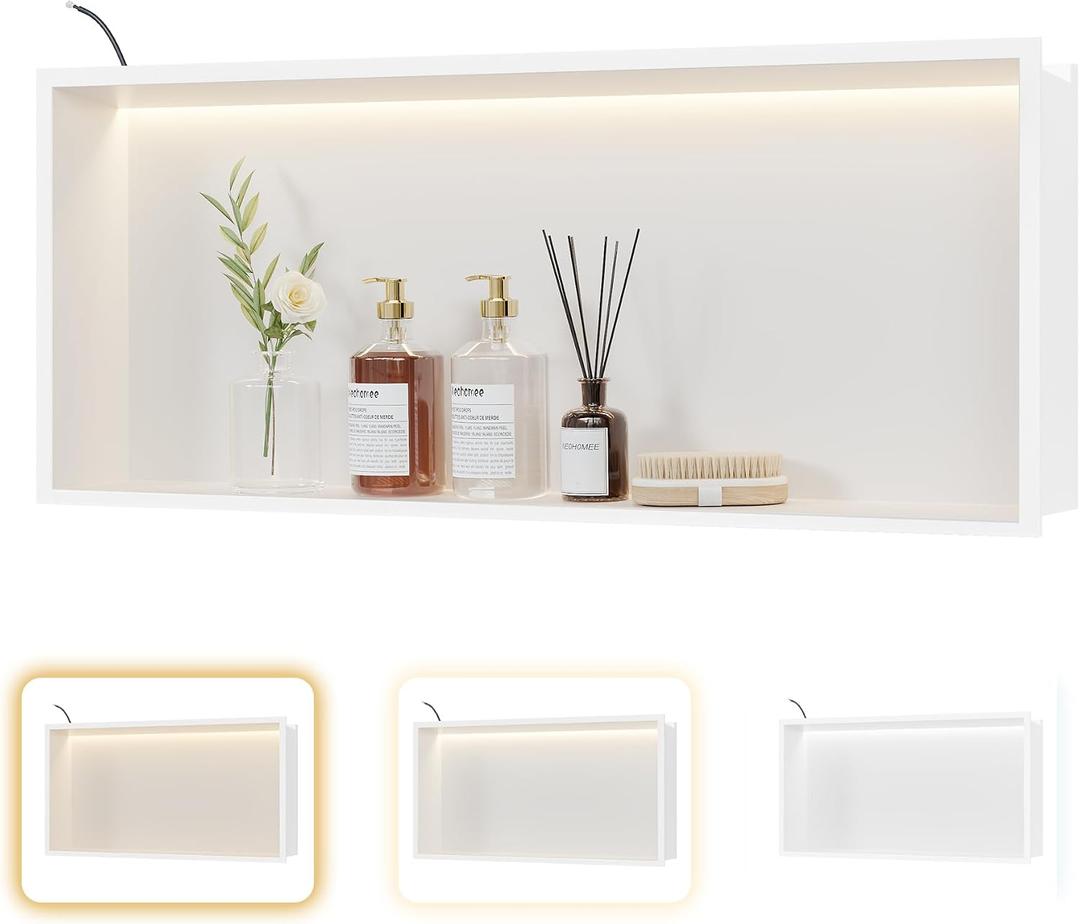 White LED Recessed Shower Niche30"X12" Bathroom Cabinet,with 3-CCT COB LED Strip Light 3000K/4000K/6000K Waterproof No Tile Need Stainless Steel Wall Niche for Shower wall, 30X12In