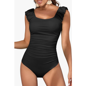 Eomenie Womens One Piece Swimsuits Puffy Sleeves Tummy Control Bathing Suit Tie Back Swimwear, XL, Black