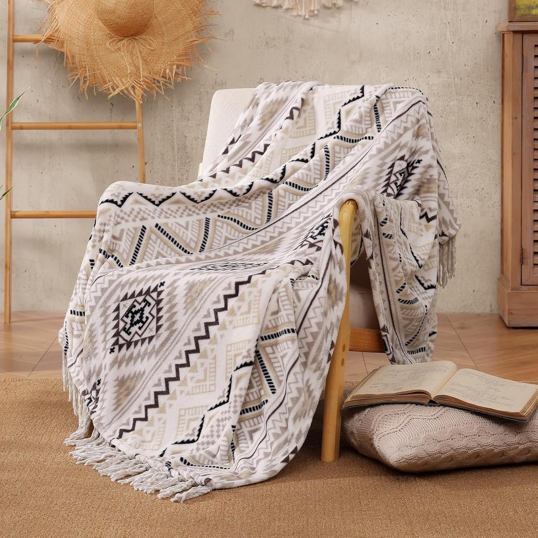 CASAAGUSTO Boho Throw Blanket - Beige and Gray Decorative Blankets with Tassel, Printed Flannel Bohemian Blanket for Chair, Bed, Sofa, Couch(50 * 60, Beige and Gray)