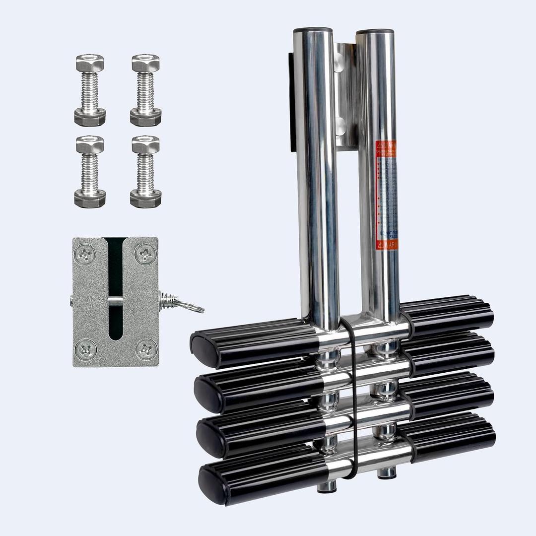 4 Step Boat Ladder, Stainless Steel Dive Boarding Ladders for Bass Fishing Boats, Heavy-Duty with Non-Slip Treads
