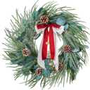 Christmas Wreaths for Front Door Outdoor, 24 Inch Artificial Xmas Winter Wreath, Christmas Wreath for Indoor Window, Wall, Porch, Mantel Decor, Decorated with Pine Cones, Bells & Red Bows Decorations (Red and Beige)