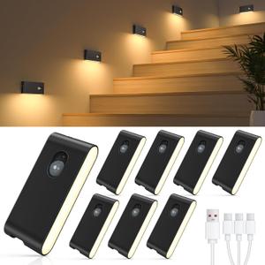 WILLED Stair Lights Indoor, Wireless Motion Sensor Light Indoor, Rechargeable Night Lights for Stairway, Hallway, Kitchen, Closet, Cabinet, Bedroom, Kids' Room (8-Pack) (Black)