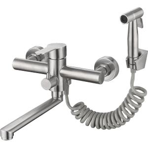 Wall Mount Kitchen Sink Faucet with Side Sprayer, Commercial Faucet, Nickel Brushed Unility Sink Faucet, Mixer Tap, 7.7-8.3 Inches Center, Lead-Free, Spout Reach 9.2"