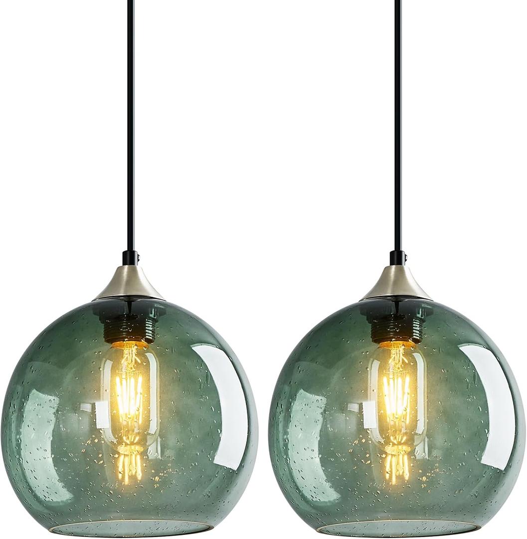 Gray Green Glass Pendant Lights Kitchen Island Lighting Globe Pendant Light Fixtures Modern Pendant Lighting for Bedroom Living Dining Room Light Fixture(7.87in, 2 Pack)