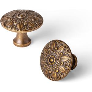 6 Pack Antique Brass Cabinet Knobs, Vintage Mandala Drawer Pulls, Solid Zinc Alloy Retro Ornate Starburst Door Handles for Kitchen Cupboard, Dresser, Wardrobe, Bathroom Vanity Hardware