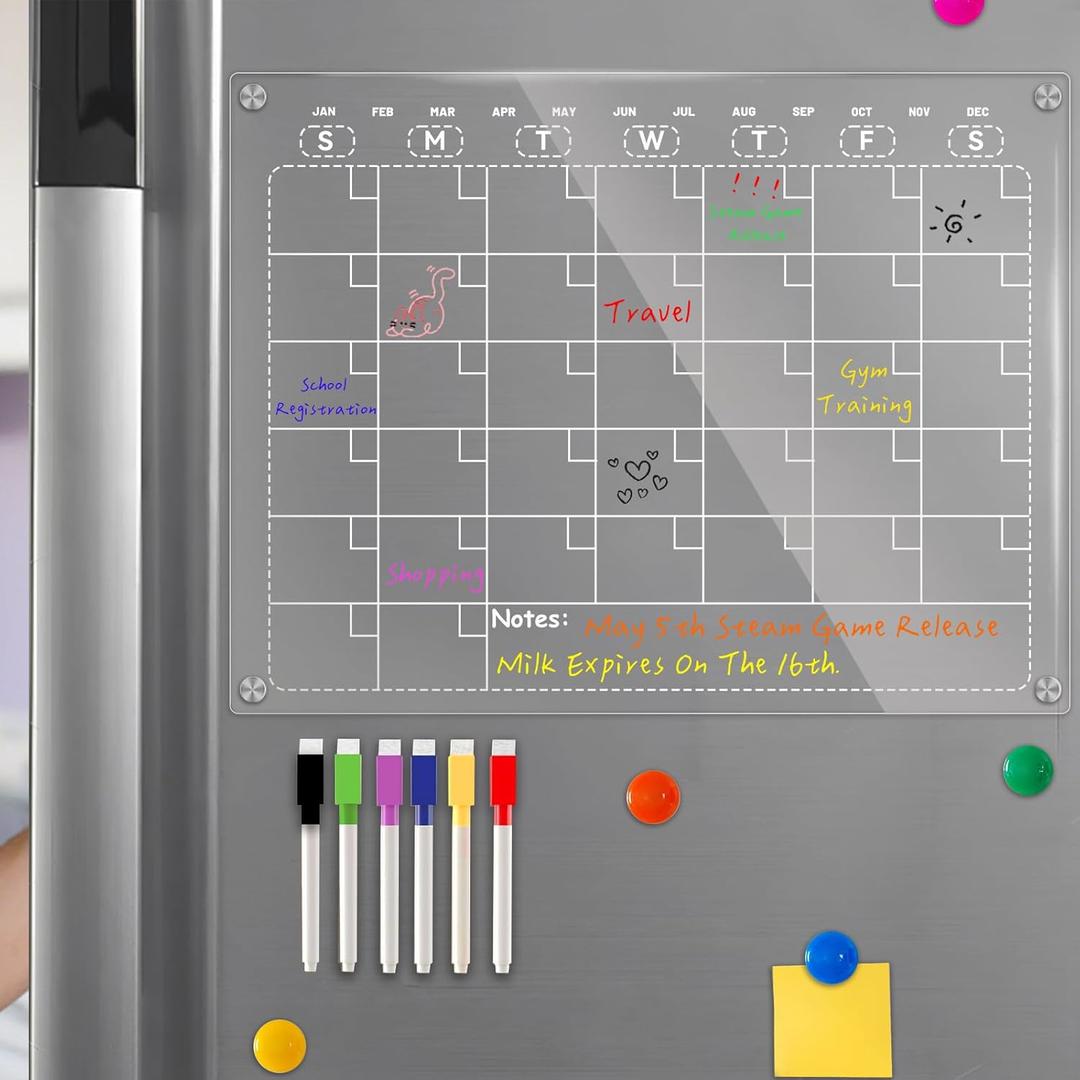 Magnetic Calendar for Refrigerator, Acrylic Fridge Calendar for Easy Organizing, Clear Monthly Planner Whiteboard for Refrigerator 11.8"x9.8"