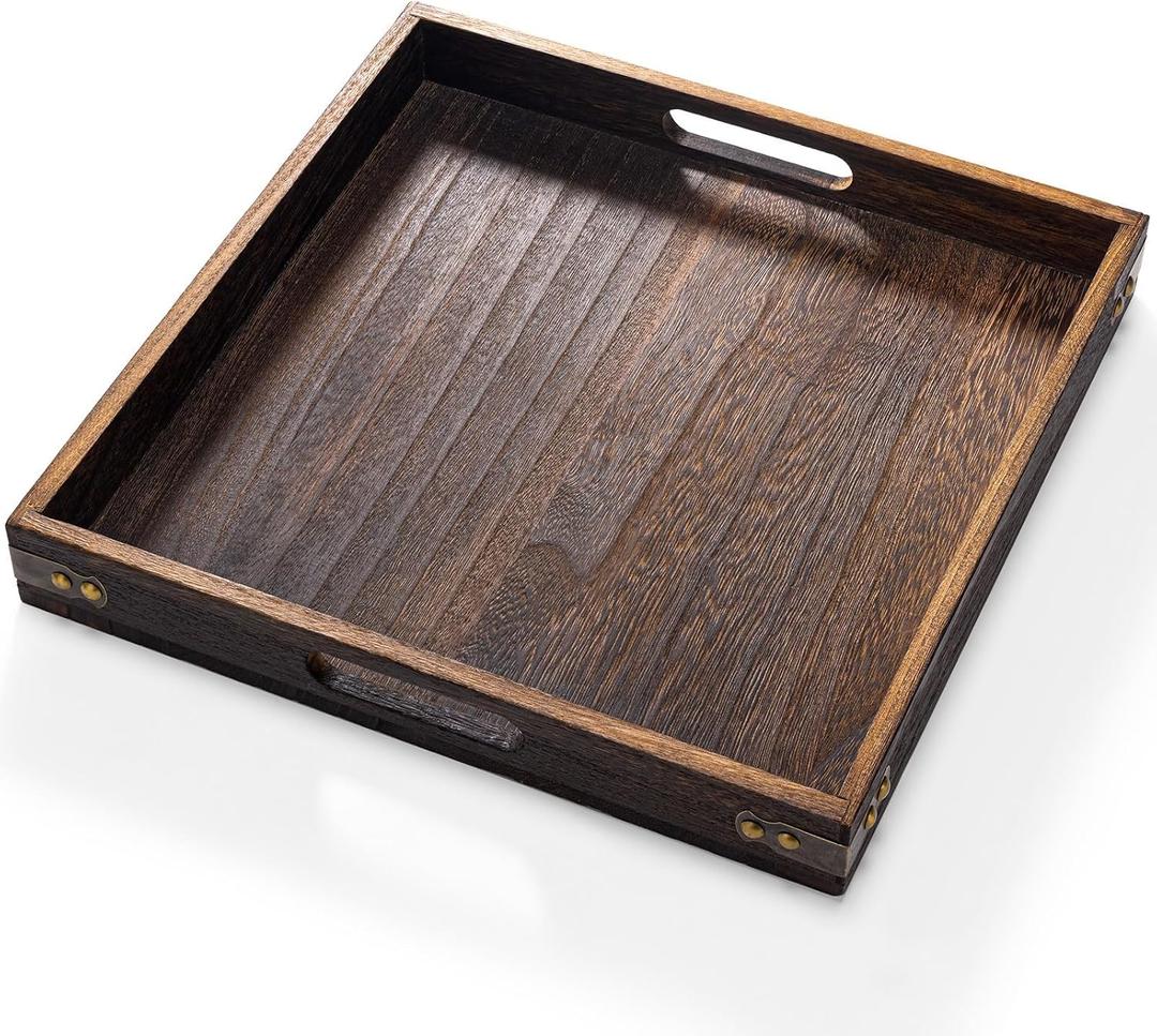 Yangbaga Serving Tray with Handles,13"*13"Wood Decorative Tray for Living Room,Modern Coffee Table Tray,Square Large Serving Platters for Home Decor,Ottoman,Bed,Kitchen,Bathroom, Breakfast,Bar