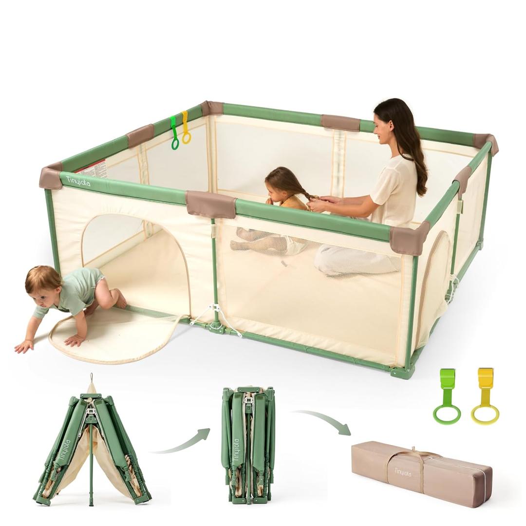 Tinyiota Foldable Baby Playpen, 59x71 Inch Portable Play Yard for Babies and Toddlers with Soft Breathable Mesh, Storage Bag & 2 Pull-Toy Handles for Indoor & Outdoor (Green, 59x71)