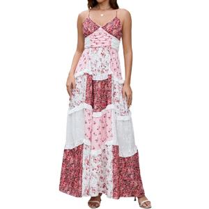 ABYOVRT Women Floral Maxi Dress Spaghetti Straps V Neck Patchwork Flowy Boho Sundress Tiered Long Dresses, Medium