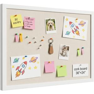 Gideal Cork Board with Pine Wood Frame, White Bulletin Board, Linen Surface, 36" x 24"
