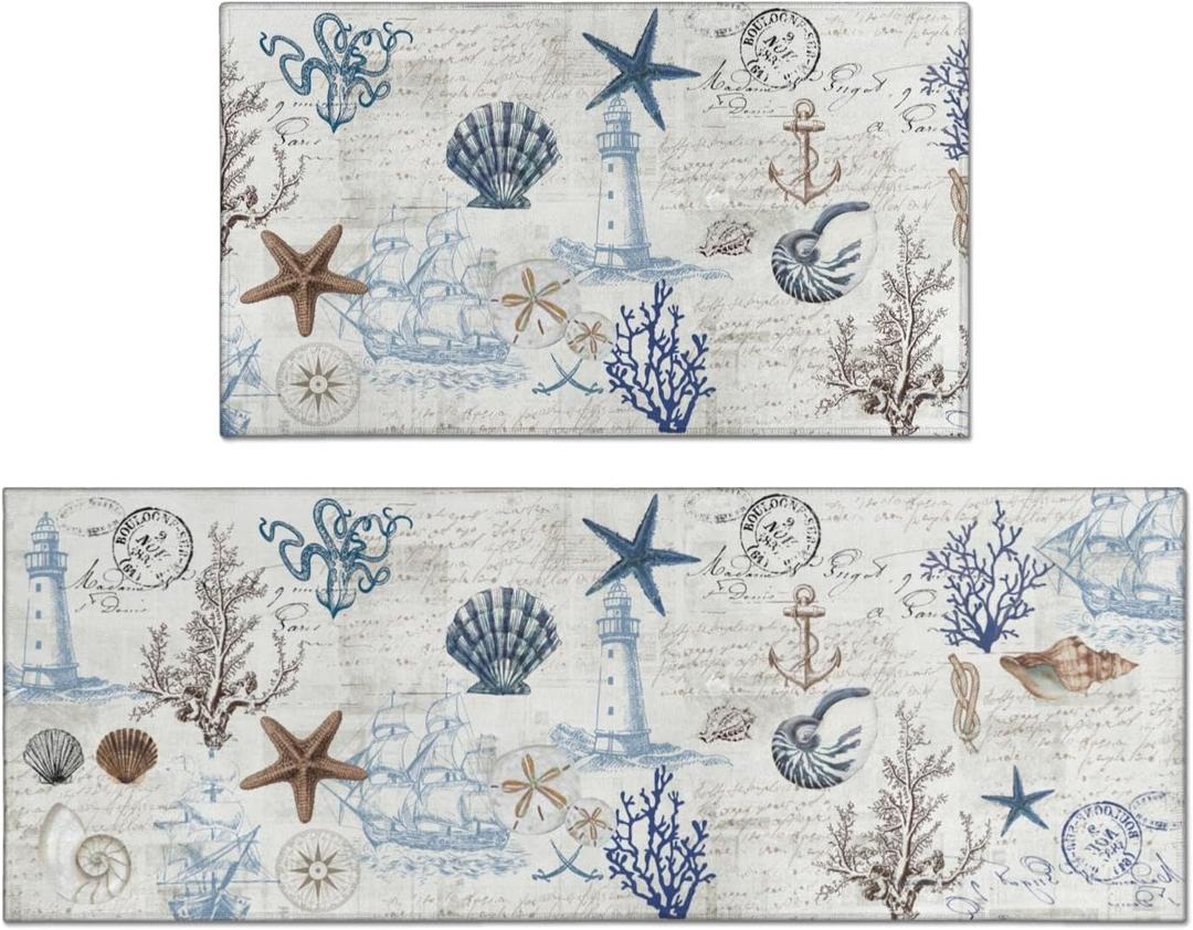 Nautical Kitchen Rug Set of 2,Ocean Themed Kitchen Decor Vintage Beach Kitchen Mat Non-Slip Washable, Farmhouse Kitchen Decor Anti Fatigue Floor Mat for Kitchen Laundry Room,17x30+17x47 Inch