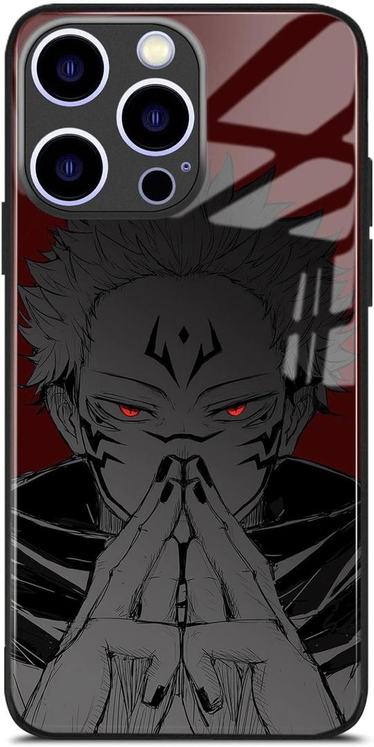Anime Phone Case for iPhone 14, Shockproof Tempered Glass Back Manga Design Unique Aesthetic Protective Slim Cover (Sukuna)