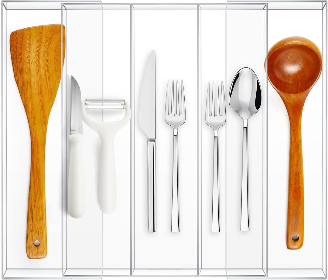 Expandable Kitchen Drawer Organizer Clear Acrylic Utensil Organizer Adjustable Acrylic Silverware Storage for Kitchen Drawers Silverware Flatware Knives(3-5 Compartments, 12 x 16 Inches)