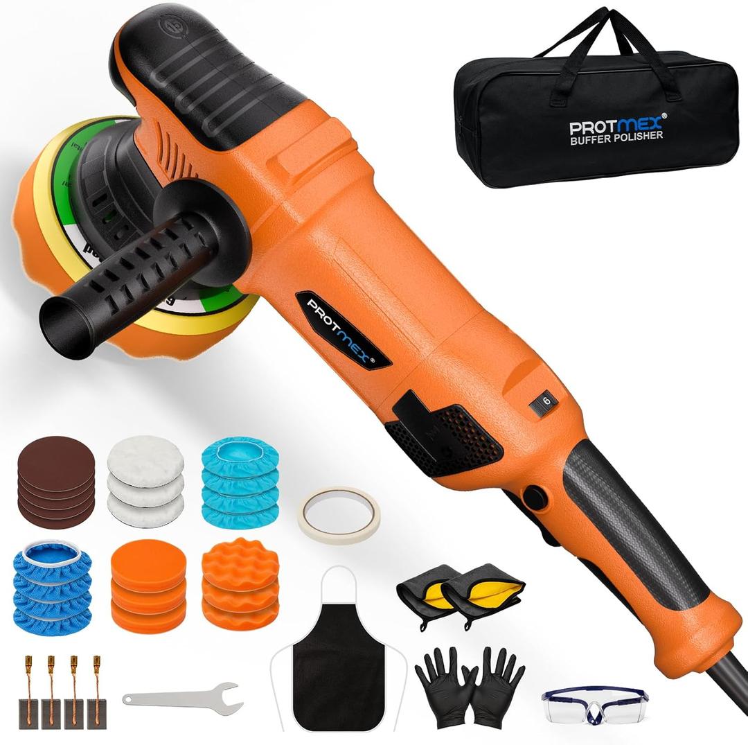 Protmex 1200W Car Buffer Polisher - 6 Inch Dual Action Polisher w/Constant Power - 6 Variable Speed 2500-6000RPM Orbital Polisher -Comfortable Grip Car Wax Buffer Polisher for Car Detailing Polishing (Orange & Black)