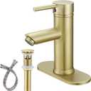 Brushed Gold Bathroom Sink Faucet Farmhouse Bathroom Faucets Single Handle One Hole Bathroom Vanity Sink Faucet with Cover Plate and Pop Up Drain, Brass (short)