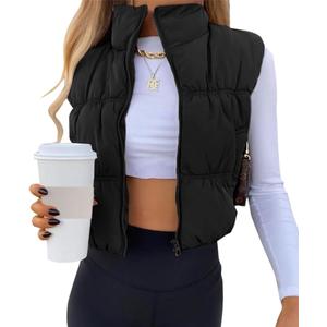 Sea Women's Crop Puffer Vest Winter Zip Up Lightweight Sleeveless Warm Outerwear Padded Coat (Black), Small