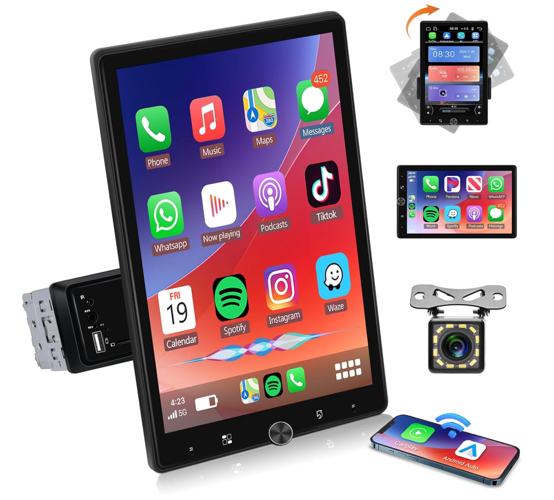 Inefala 10.4 Inch Single DIN Car Stereo with Wireless Carplay Android Auto, Retractable HD Touchscreen Radio with Bluetooth FM/RDS EQ Mirror Link USB/AUXin/TF Card Port SWC Backup Camera MIC