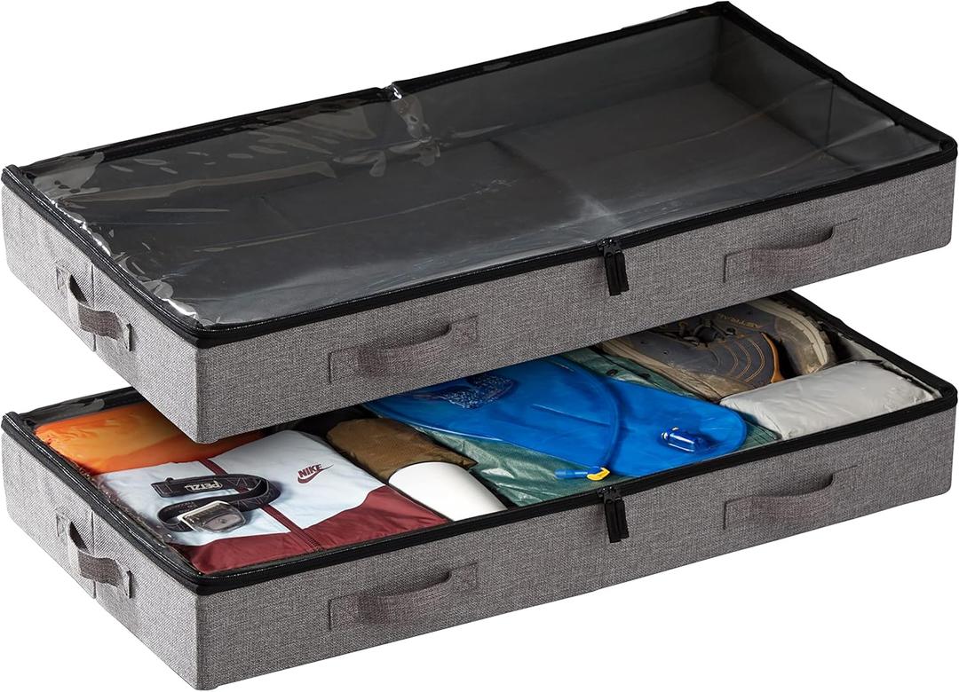 storageLAB Under Bed Storage Containers, Low Profile Underbed Organizers with Sturdy Handles, Dual Zippers, and Clear Windows, Ideal for Clothes, Pillows, and Blankets - 2 Pack, Low Profile, Gray (Grey)
