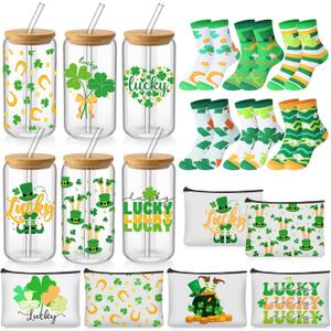 Tioncy St. Patrick's Day Appreciation Gifts Set for Women 16 oz Can Shaped Glass Cups with Lids and Straws Shamrocks Makeup Bags Socks for Party Family Friends