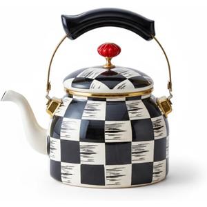 Checkered Tea Kettle with Heat-Resistant Handle, Black and White Pattern - 2.4 qt.