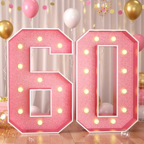 Paready 4FT Marquee 60 Numbers Rose Gold, Light Up Numbers 60 Pink 60th Birthday Decorations, Large Number 60 Light Up Foam Board for Women 60th Birthday Party DIY Decorations Anniversary