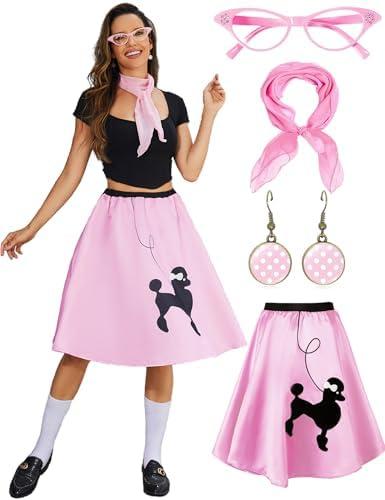 Amazon.com: ZEXIGLAD Poodle Skirts for Women 50s Outfits Adult Halloween Costume 2025 Sock Hop Accessory Outfit with Scarf Glasses Earring 4 Pcs Set Pink M : Clothing, Shoes & Jewelry