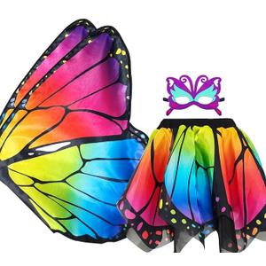 Double-Sided Fairy Butterfly Wings Costume for Girls with Rainbow Tutu, 3Pcs Princess Dress Up Clothes Halloween Gifts for 3+