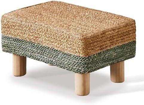 Wimarsbon Natural Seagrass Footstool Ottoman Rectangular Footrest Pouf Ottomans with Wooden Legs Hand Weave Step Stool for Living Room Bedroom Entryway Green